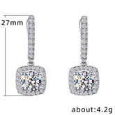 Classical Designer 18K White Gold Plated Square Shape Cubic Zirconia Clip on Earrings for Women Sapphire Crystal Diamond Drop Earrings Dangle Earring Anti-Allergy
