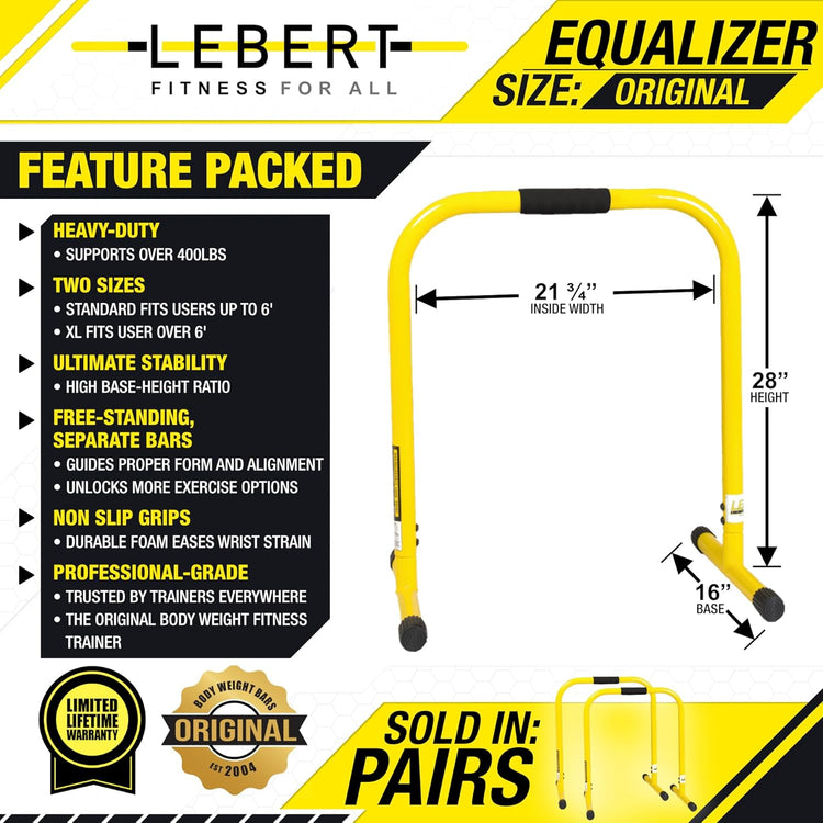 Fitness Dip Bar Stand - Original Equalizer Total Body Strengthener Pull up Bar Home Gym Exercise Equipment Dipping Station - Hip Resistance Band, Workout Guide and Online Group - Yellow