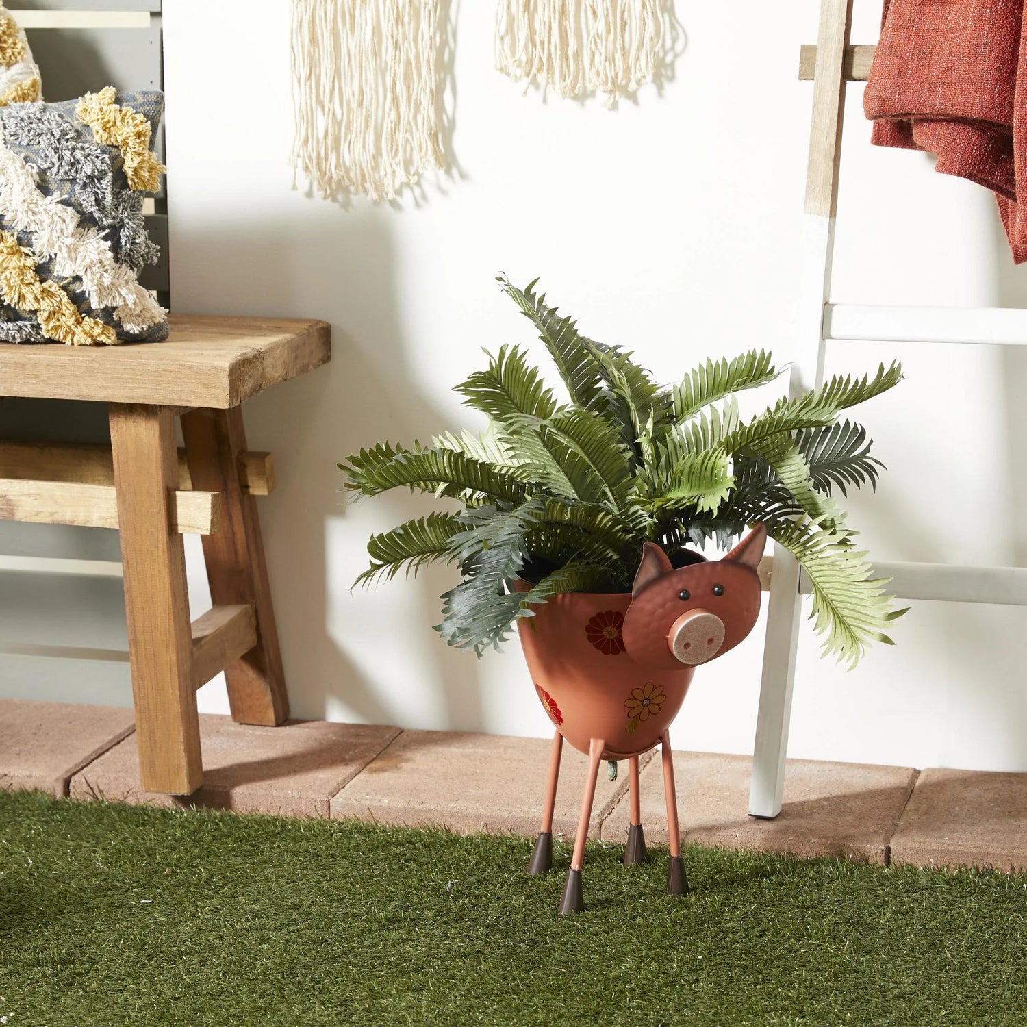 Pink Metal Pig Indoor Outdoor Planter with Floral Accents, 8" X 14" X 16"