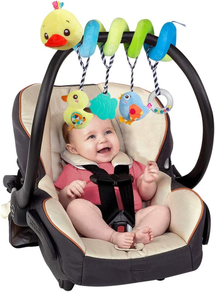 Car Seat Toys, Baby Activity Spiral Plush Toys for Stroller Bar Accessories, Crib Toys with Bell for Boy or Girl, Hangings Rattle Toy with Squeaky (Yellow-Duck)